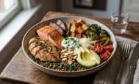 Harvest Bowl with Seared Chicken, Salmon, Lentils, and Roasted Roots