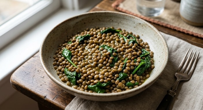 Olive Oil Lentils with Wilted Spinach