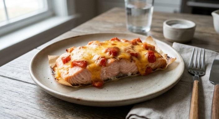Tomato-Crusted Salmon with Melted Cheese