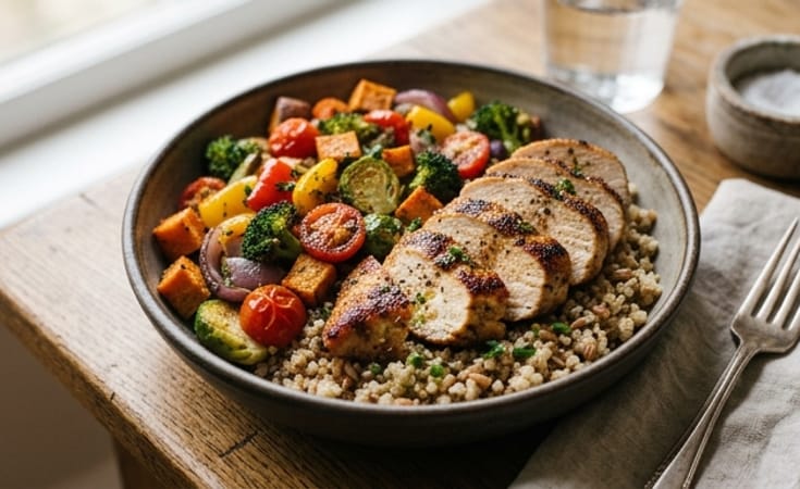 Harvest Grain Bowl with Seared Lean Protein and Warm Vegetables