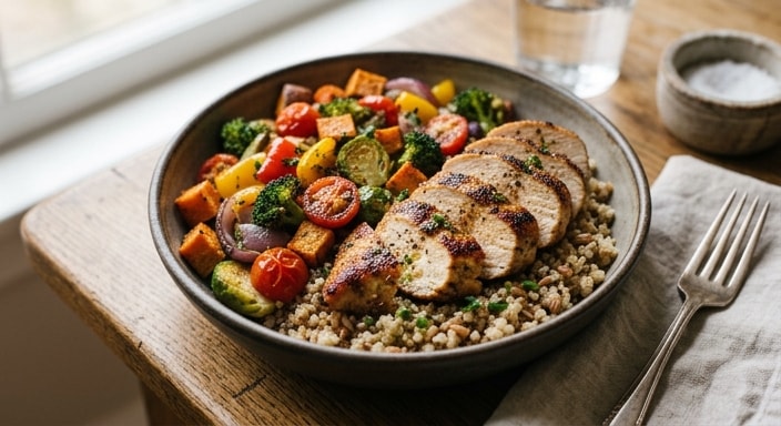 Harvest Grain Bowl with Seared Lean Protein and Warm Vegetables