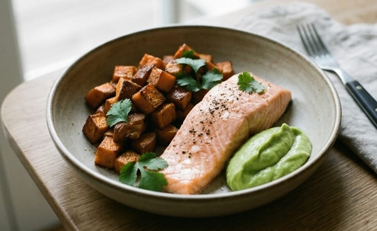 Salmon with Roasted Sweet Potato and Banana-Avocado Cream