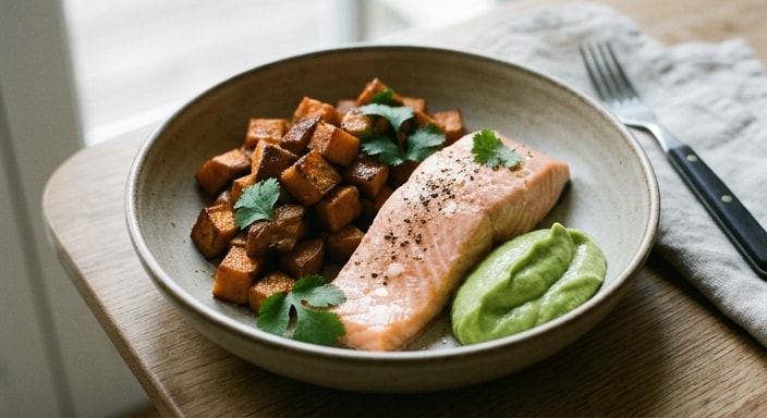 Salmon with Roasted Sweet Potato and Banana-Avocado Cream
