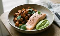 Salmon with Roasted Sweet Potato and Banana-Avocado Cream