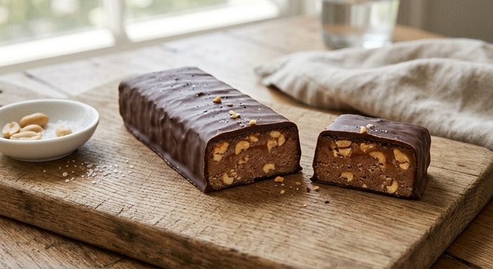 Chocolate-Coated Caramel-Peanut Protein Bar