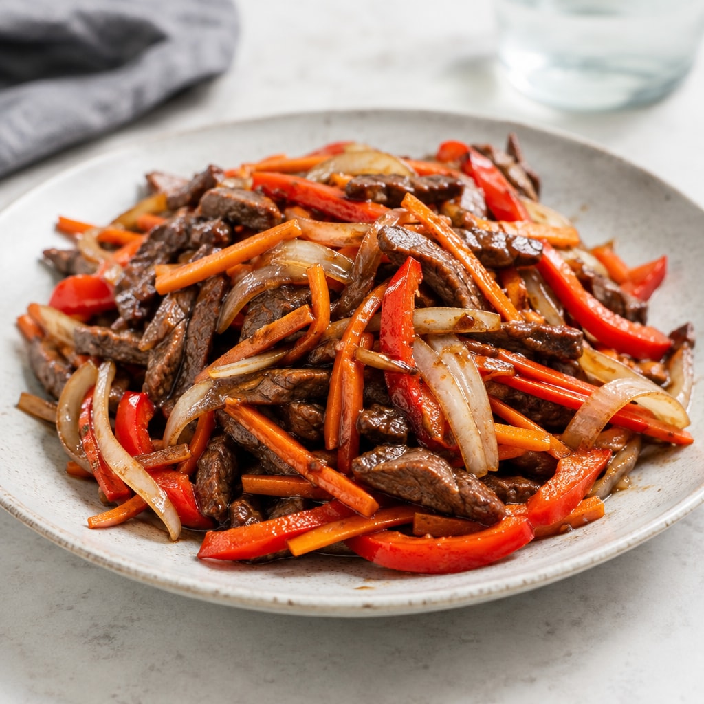 Beef and Vegetable Stir-Fry with Onion, Carrot and Red Pepper
