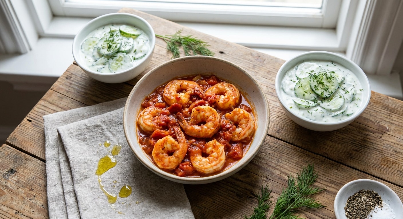Shrimp in Tomato Sauce with Greek Yogurt Cucumber Dill Salad
