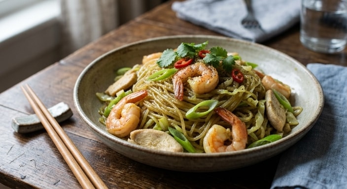 Glass Noodles with Shrimp, Chicken, Cabbage, and Scallion in Green Curry Glaze