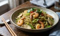 Glass Noodles with Shrimp, Chicken, Cabbage, and Scallion in Green Curry Glaze