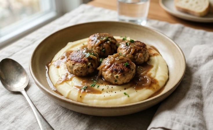 Chicken Meatballs with Silken Potato Purée and Brown Gravy
