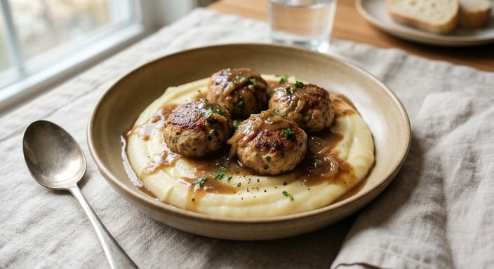 Chicken Meatballs with Silken Potato Purée and Brown Gravy