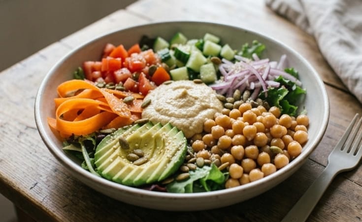 Chickpea Hummus Salad Bowl with Avocado, Crisp Vegetables, and Seeds