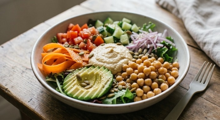 Chickpea Hummus Salad Bowl with Avocado, Crisp Vegetables, and Seeds