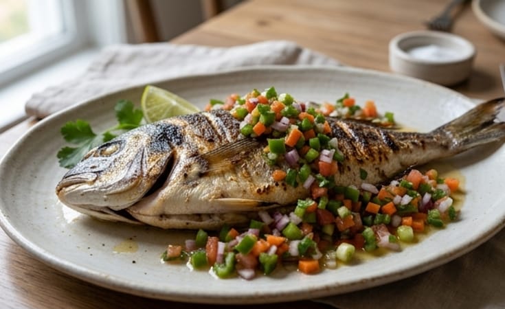 Sea Bream Grilled Whole with Bright Chopped Vegetable Salsa