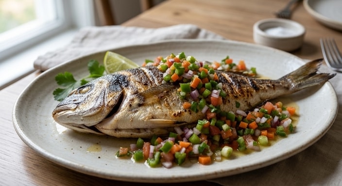 Sea Bream Grilled Whole with Bright Chopped Vegetable Salsa