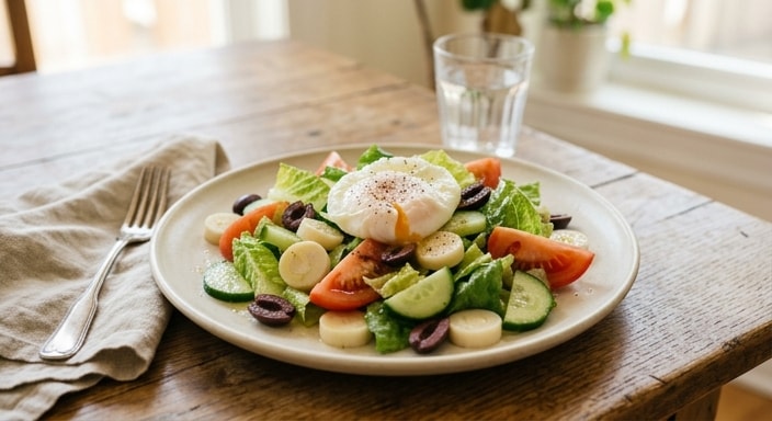 Verdant Salad with Poached Egg, Heart of Palm, Cucumber, Tomato, and Olives