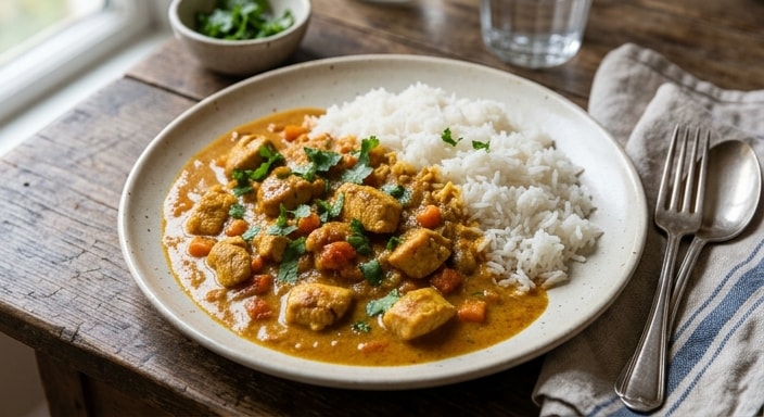 Golden Chicken Curry with Coconut, White Rice, and Cilantro