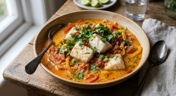 Moqueca Baiana of White Fish, Coconut, Tomato, and Cilantro