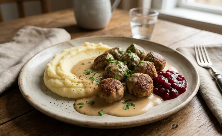 Swedish Meatballs with Mashed Potato, Cream Gravy, and Lingonberry Jam