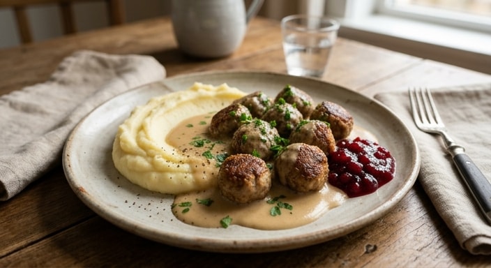Swedish Meatballs with Mashed Potato, Cream Gravy, and Lingonberry Jam