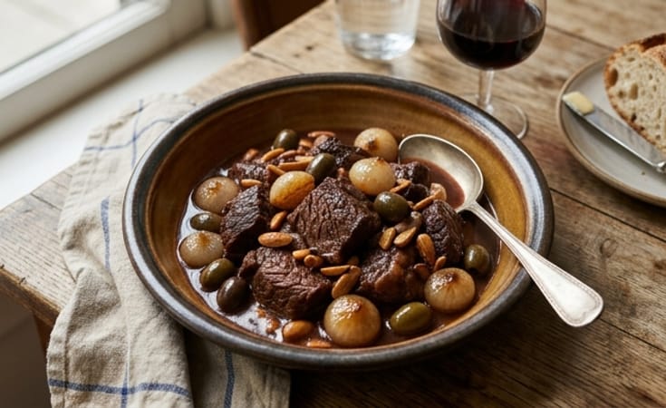 Daube de Boeuf au Vin Rouge, Amandes, Olives et Oignons Grelots