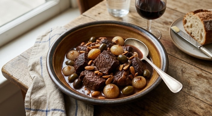 Daube de Boeuf au Vin Rouge, Amandes, Olives et Oignons Grelots