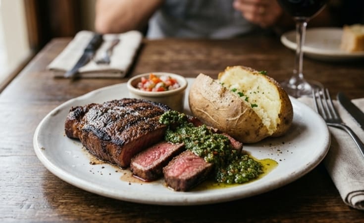 Bife a la Parrilla con Chimichurri y Papa Asada