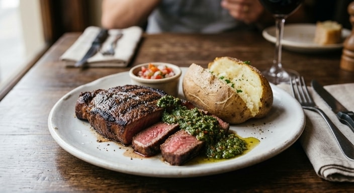 Bife a la Parrilla con Chimichurri y Papa Asada