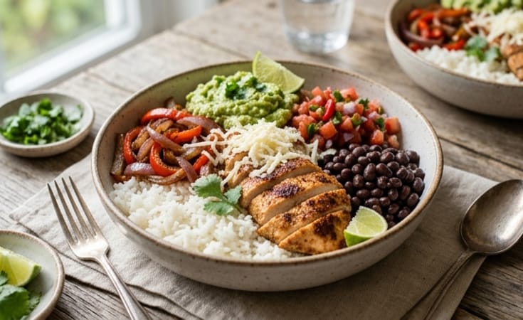 Chicken Burrito Bowl with Fajita Vegetables, Black Beans, Guacamole, and Red Salsa
