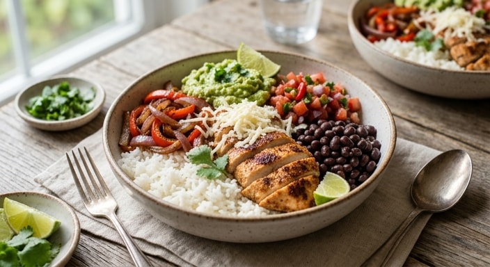Chicken Burrito Bowl with Fajita Vegetables, Black Beans, Guacamole, and Red Salsa