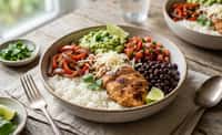 Chicken Burrito Bowl with Fajita Vegetables, Black Beans, Guacamole, and Red Salsa