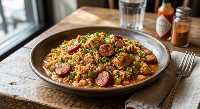 Bayou Jambalaya with Chicken, Sausage, and Tomato Broth