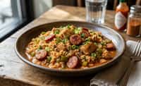 Bayou Jambalaya with Chicken, Sausage, and Tomato Broth