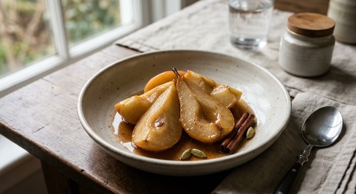 Poached Pear and Apple with Cinnamon, Cardamom, Brown Sugar, and Butter