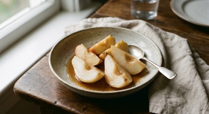 Poached Pear and Apple with Brown Sugar, Butter, Cinnamon, and Cardamom