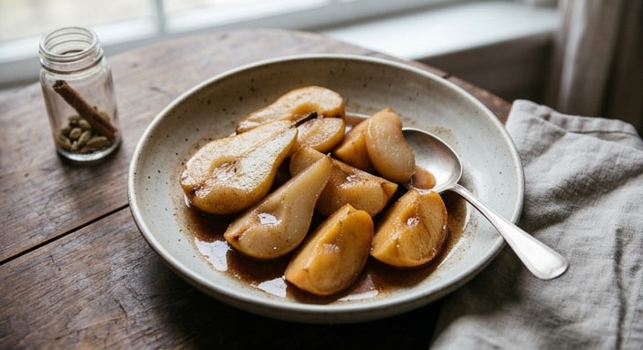 Pear and Apple Poached in Brown Butter, Cinnamon, and Cardamom