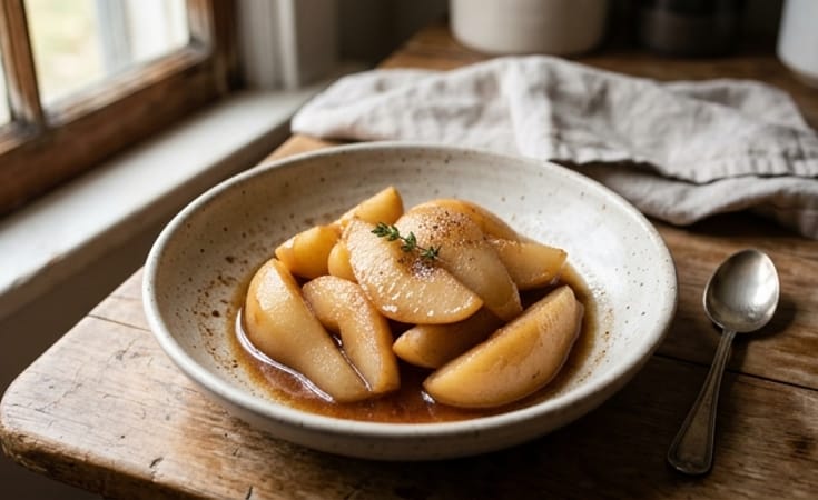 Pear and Apple Poached in Brown Butter, Cinnamon, and Cardamom