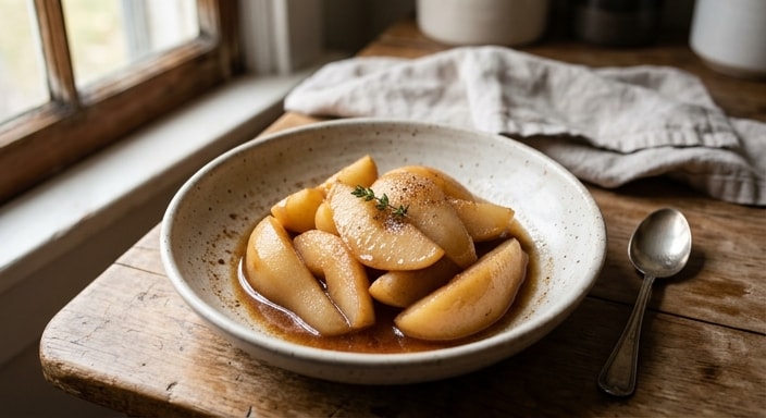 Pear and Apple Poached in Brown Butter, Cinnamon, and Cardamom