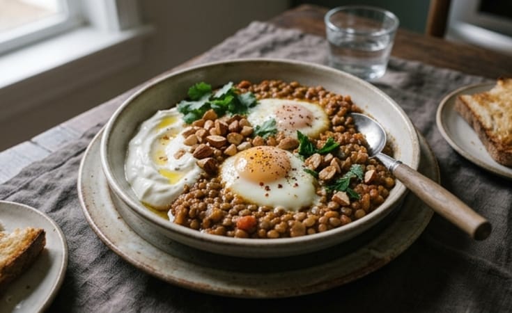 Lentil Shakshuka with Yogurt and Toasted Almonds