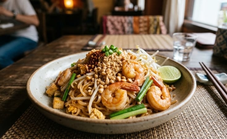 **Pad Thai with Shrimp, Egg, Bean Sprouts, and Crushed Peanut**