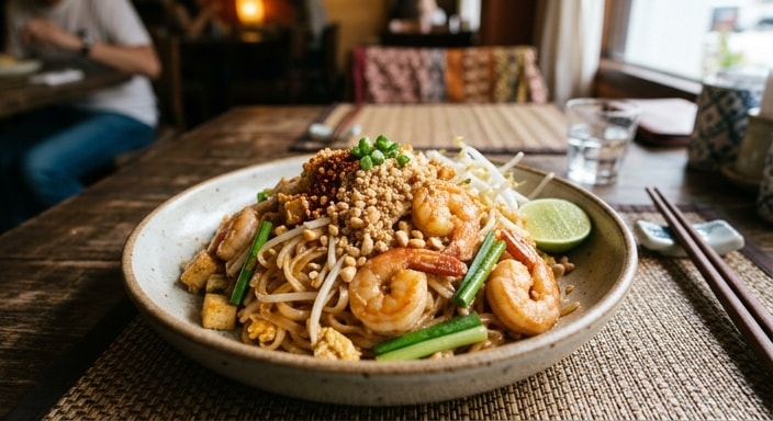 **Pad Thai with Shrimp, Egg, Bean Sprouts, and Crushed Peanut**
