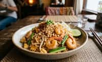 **Pad Thai with Shrimp, Egg, Bean Sprouts, and Crushed Peanut**