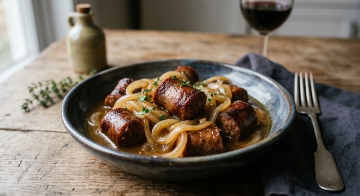 Sausage and Onion in Spanish Style with Chicken Stock