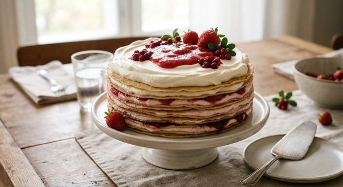 Swedish Pancake Tårta with Strawberry and Lingonberry Cream