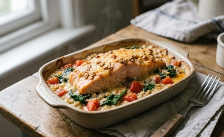Salmon, Tomato, Spinach and Oat Gratin