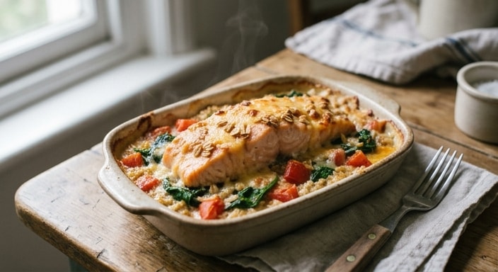Salmon, Tomato, Spinach and Oat Gratin