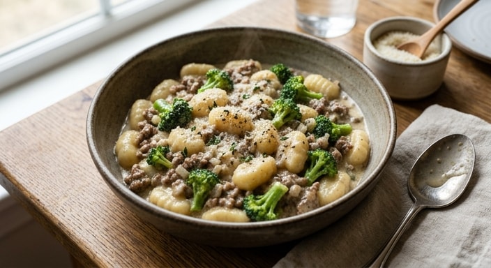 Creamy Beef Gnocchi with Broccoli