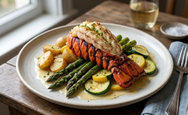 Lobster Tail with Asparagus, Potato, Zucchini, and Butter Cream Sauce