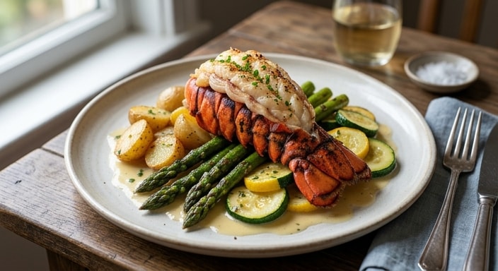 Lobster Tail with Asparagus, Potato, Zucchini, and Butter Cream Sauce