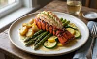 Lobster Tail with Asparagus, Potato, Zucchini, and Butter Cream Sauce
